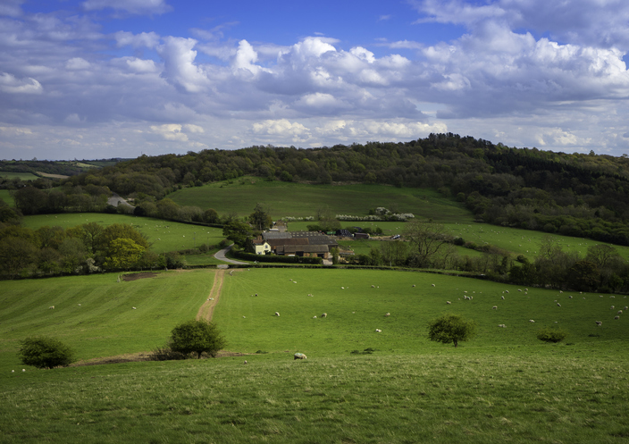 Horizontal photograph of a farmhouse pictured within the green countryside of Birmingham Lickey Hills